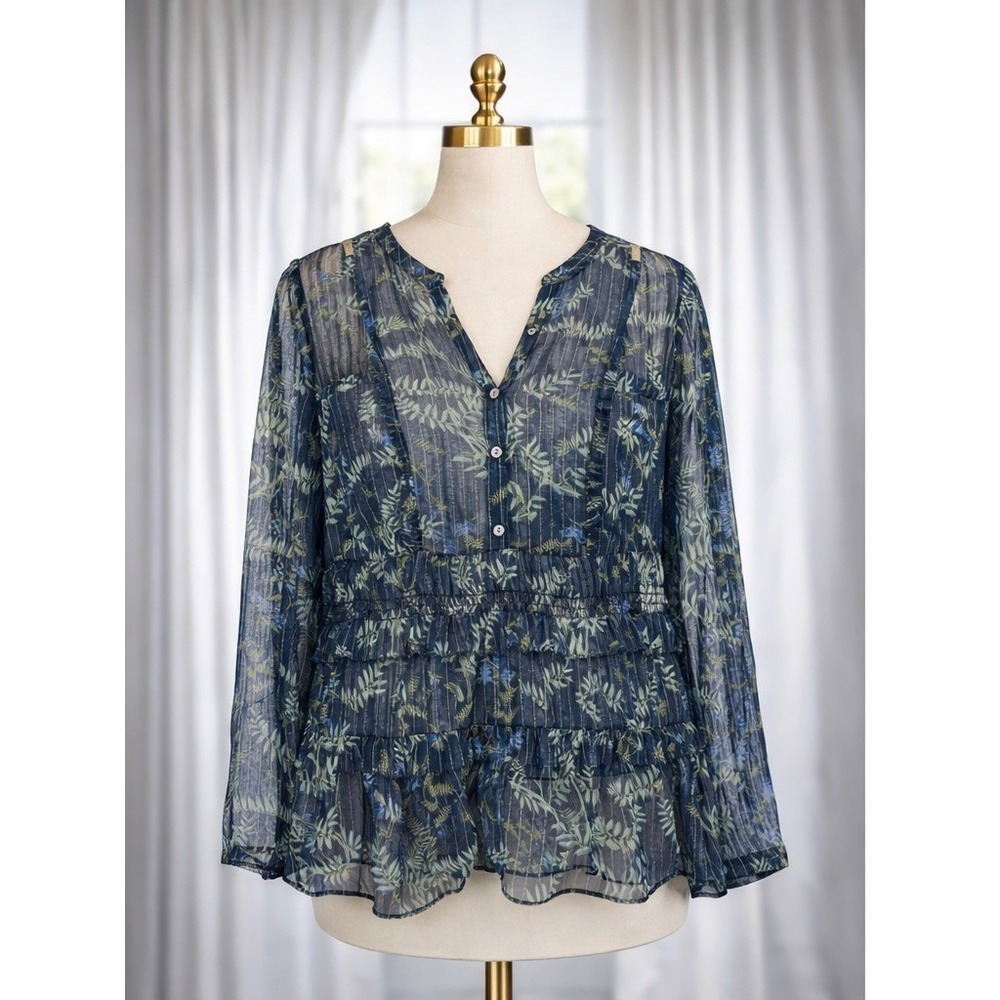 Roller Rabbit Sheer Silk Blouse Blue Green Botanical‎ Metallic Tiered Size Small
